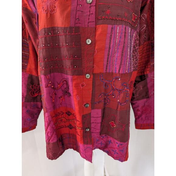 NWOT! CHICO'S! SILK! SHADES OF RED PATCHWORK BEAD/EMBROIDER TOP JACKET! SZ 10/12 - Picture 5 of 10